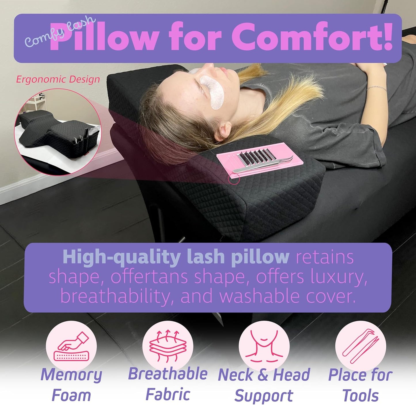 Memory Foam Pillow With Neck Support Wedge For Lash Artists And Esthetician