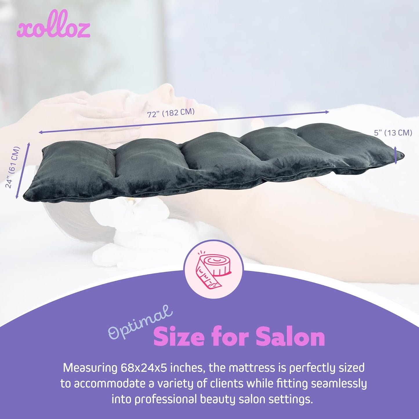 5 Pillow Lash Bed Foam Topper, Soft Comfy Massage Bed Topper, Massage Table Pad Made of Velvet Cover, Angel Hair Fiber Filling, 5 Inches Thick, Black, 72 inches, 182 cm