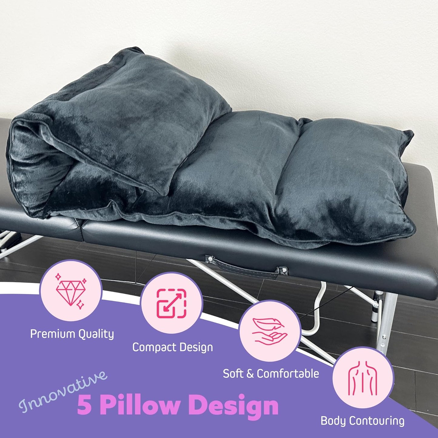 5 Pillow Lash Bed Foam Topper, Soft Comfy Massage Bed Topper, Massage Table Pad Made of Velvet Cover, Angel Hair Fiber Filling, 5 Inches Thick, Black, 72 inches, 182 cm