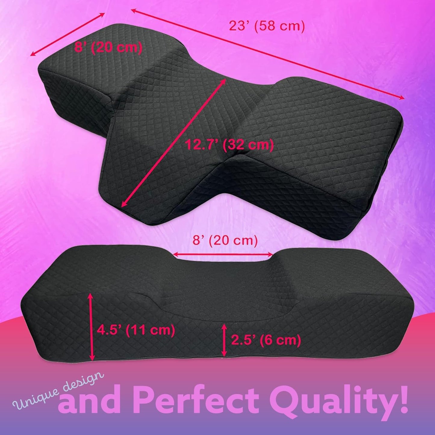 Pillow For Eyelash Extensions (2 Pillows Bundle) - Curved Memory Foam Lash Bed Pillow With Neck & Back Support, Perfect Pillow For Eyelash Extensions, Two Pockets For Tools On The Sides (Black)
