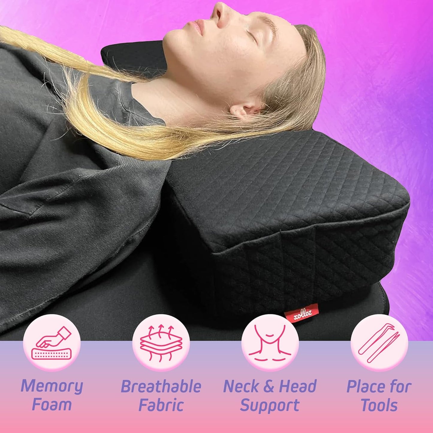 Pillow For Eyelash Extensions (2 Pillows Bundle) - Curved Memory Foam Lash Bed Pillow With Neck & Back Support, Perfect Pillow For Eyelash Extensions, Two Pockets For Tools On The Sides (Black)