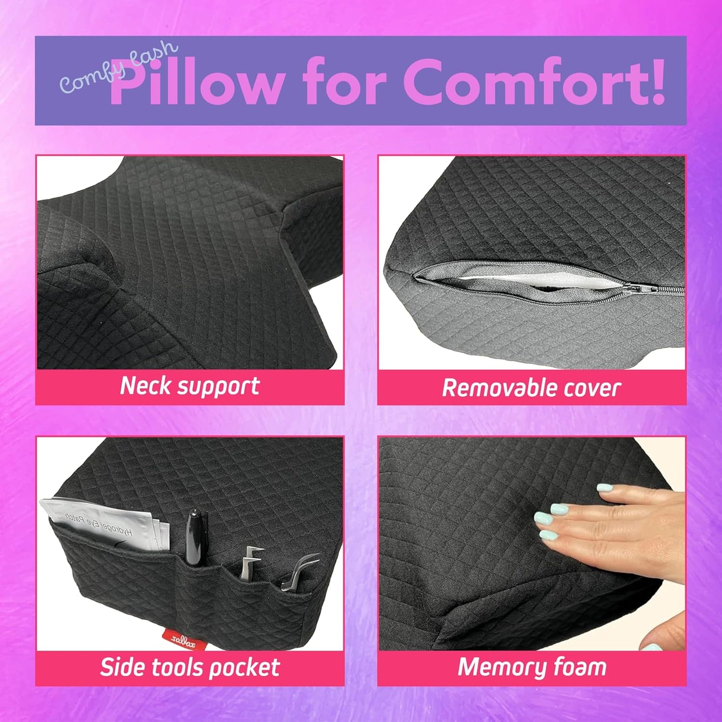 Pillow For Eyelash Extensions (2 Pillows Bundle) - Curved Memory Foam Lash Bed Pillow With Neck & Back Support, Perfect Pillow For Eyelash Extensions, Two Pockets For Tools On The Sides (Black)