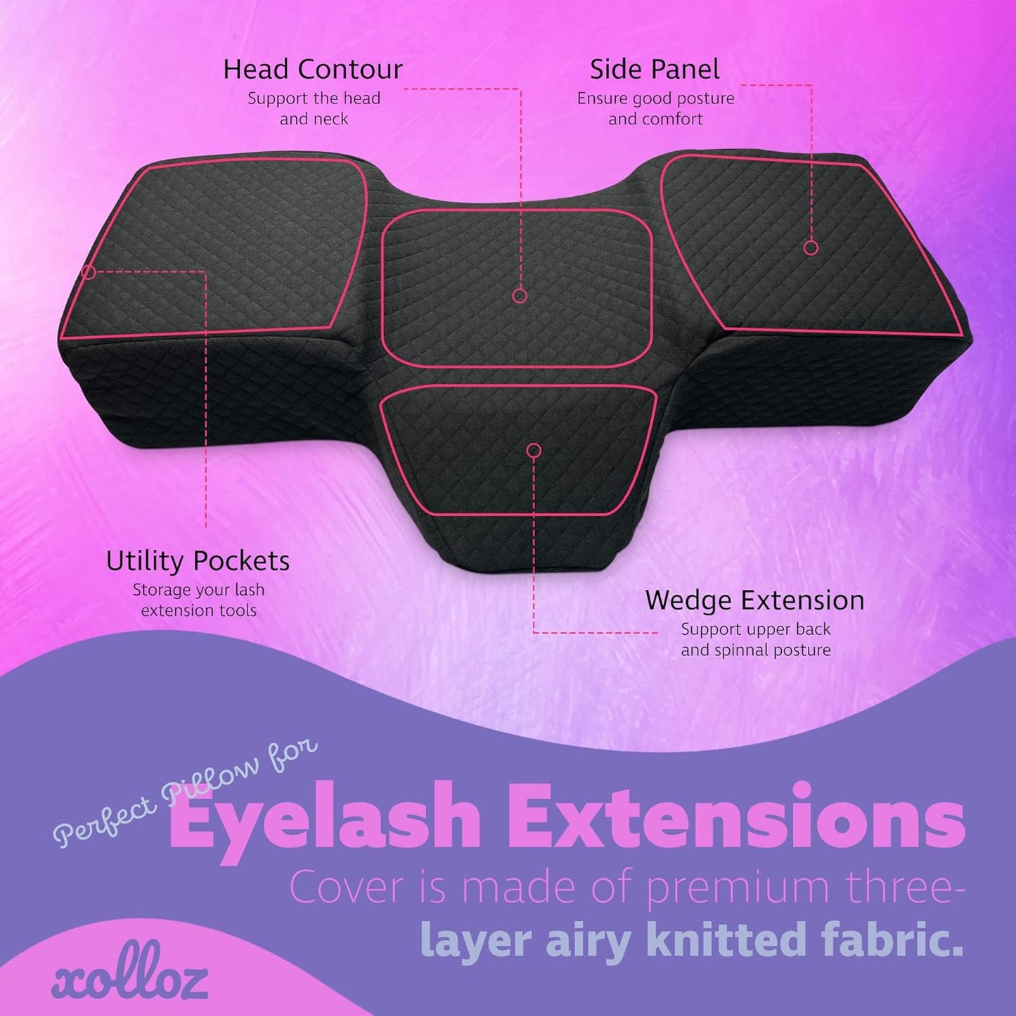 Pillow For Eyelash Extensions (2 Pillows Bundle) - Curved Memory Foam Lash Bed Pillow With Neck & Back Support, Perfect Pillow For Eyelash Extensions, Two Pockets For Tools On The Sides (Black)