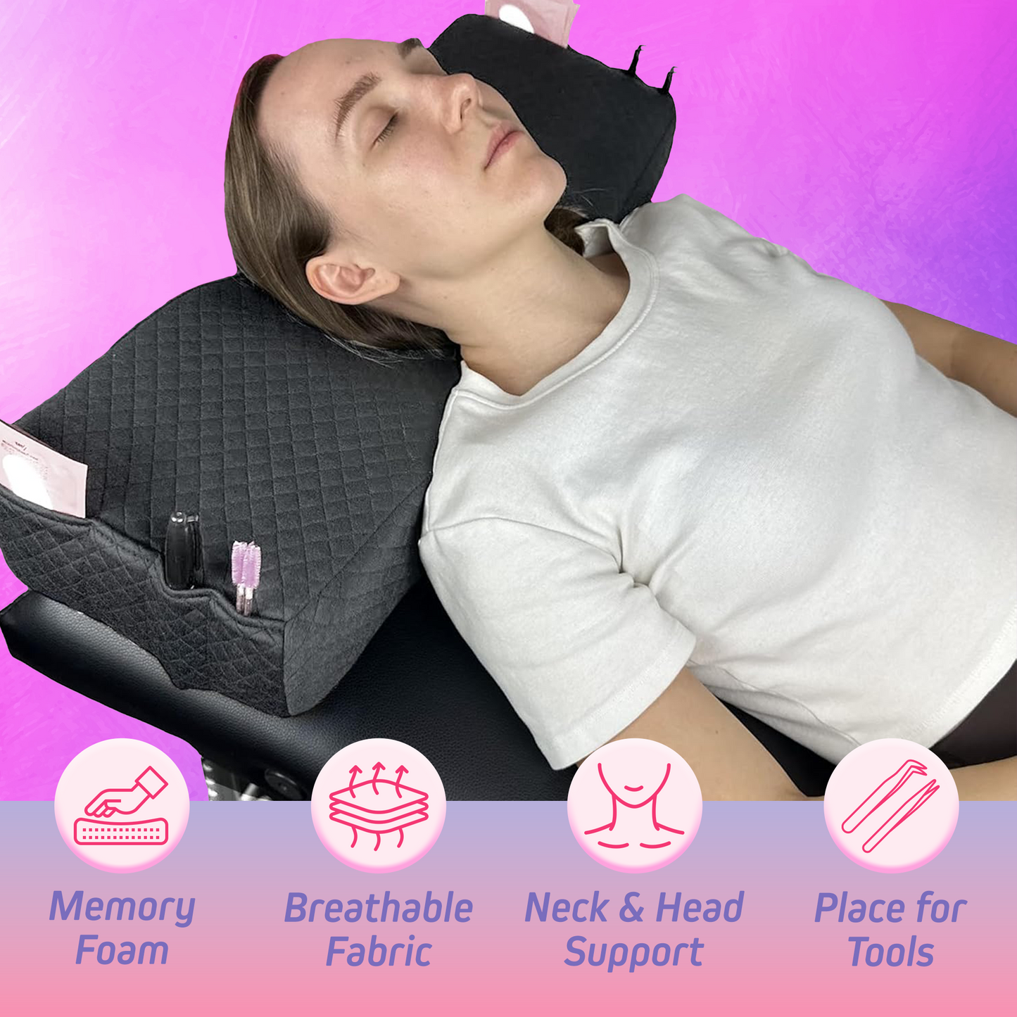 XOLLOZ Lash Pillow for Eyelash Extensions, Curved Memory Foam Lash Bed Pillow with Neck & Back Support, Lash Pillow for Eyelash Bed & Lash Tech Bed, Two Side Pockets for Tools, New Type Black
