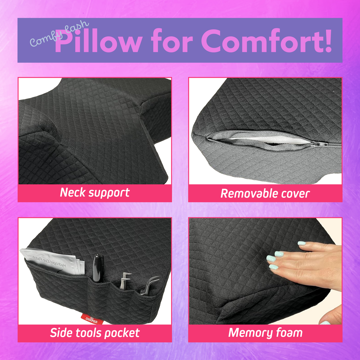 XOLLOZ Lash Pillow for Eyelash Extensions, Curved Memory Foam Lash Bed Pillow with Neck & Back Support, Lash Pillow for Eyelash Bed & Lash Tech Bed, Two Side Pockets for Tools, New Type Black