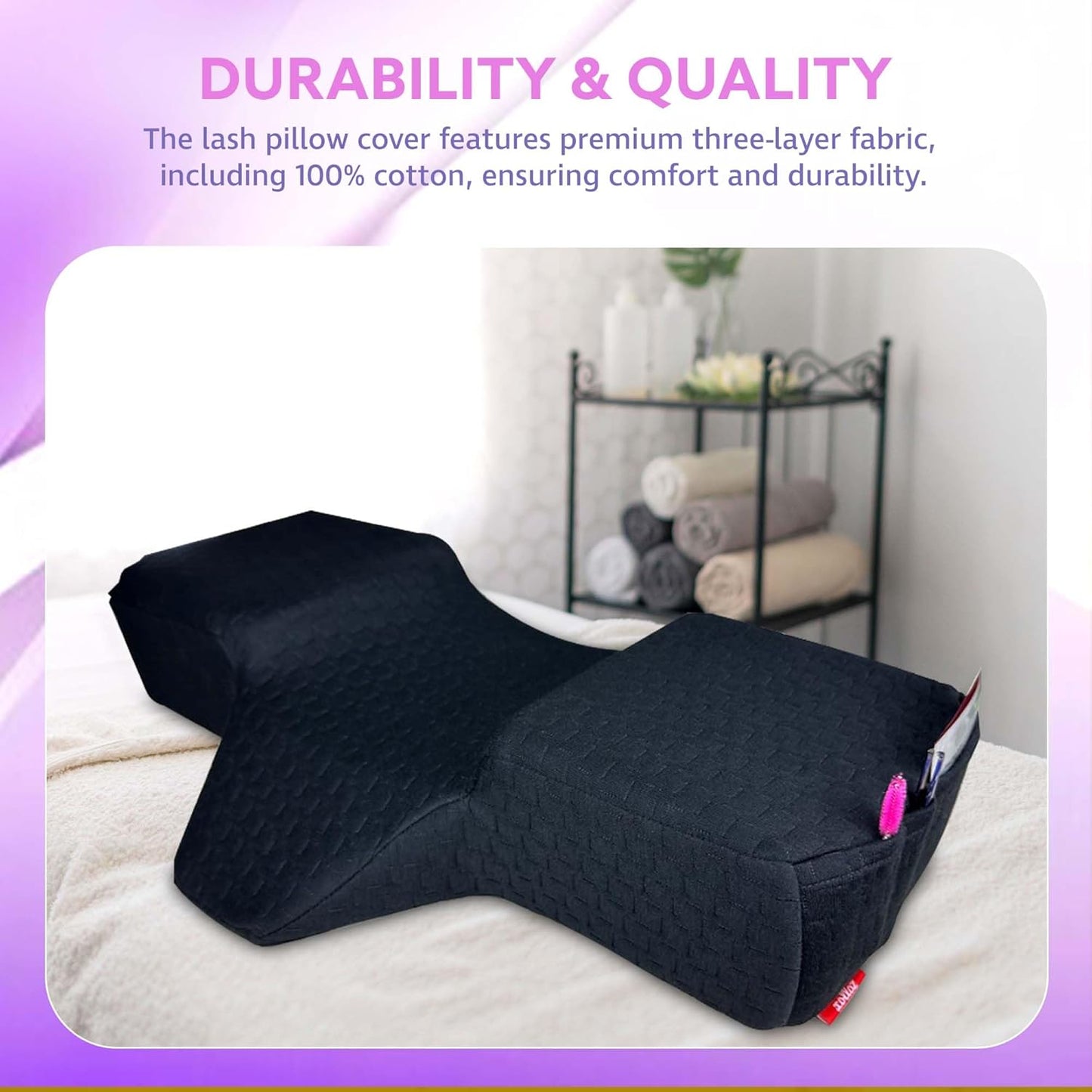 Lash Pillow for Eyelash Extensions - Curved Memory Foam Bed Pillow, Ergonomic Head Rest with Neck Support, Side Pockets for Tools, Fits Lash Beds for Tech, Black