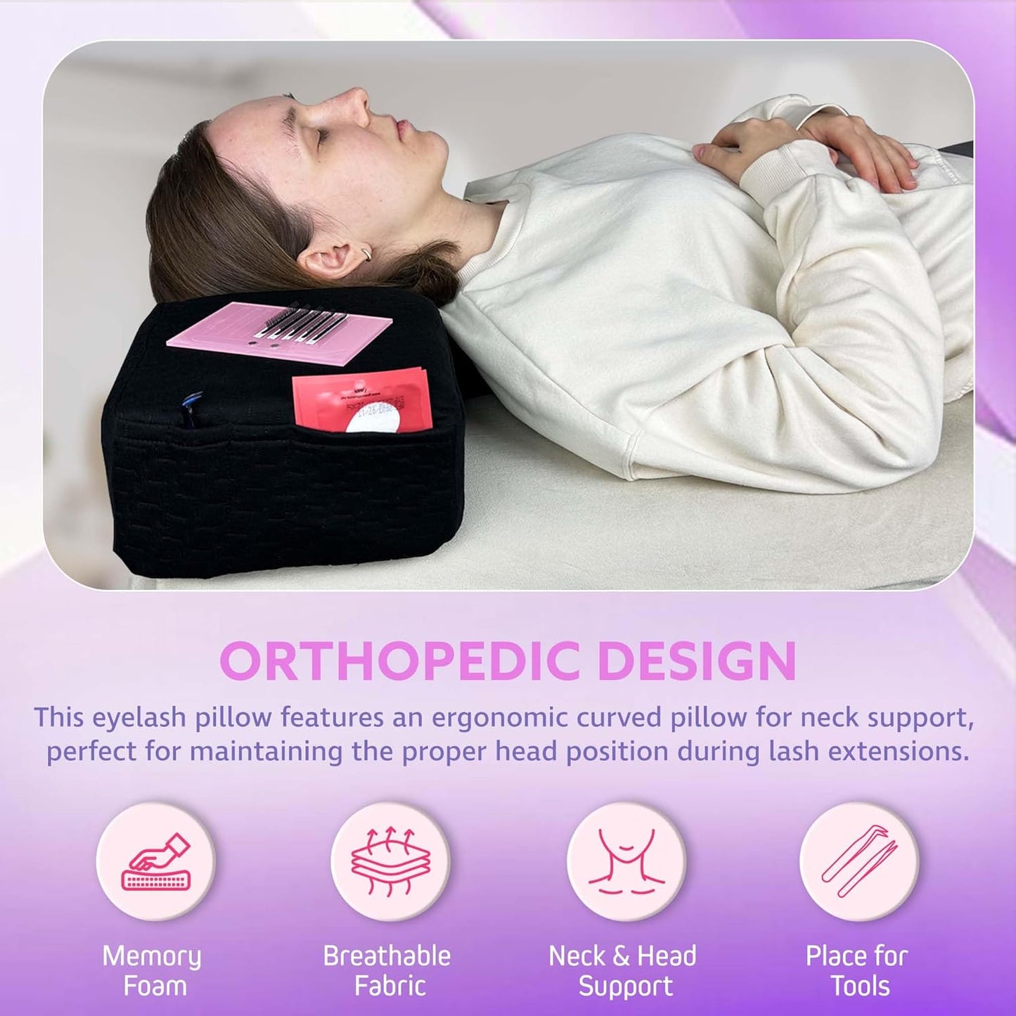 Lash Pillow for Eyelash Extensions - Curved Memory Foam Bed Pillow, Ergonomic Head Rest with Neck Support, Side Pockets for Tools, Fits Lash Beds for Tech, Black