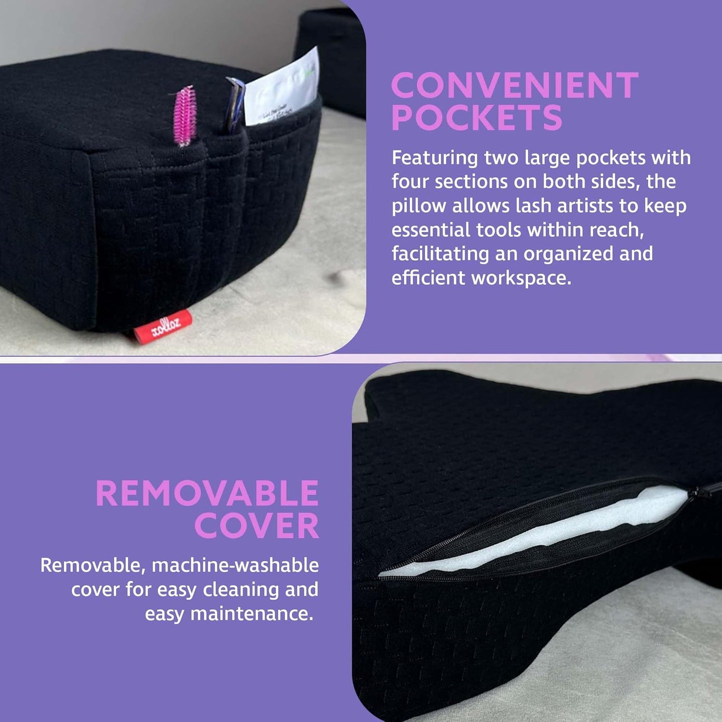 Lash Pillow for Eyelash Extensions - Curved Memory Foam Bed Pillow, Ergonomic Head Rest with Neck Support, Side Pockets for Tools, Fits Lash Beds for Tech, Black