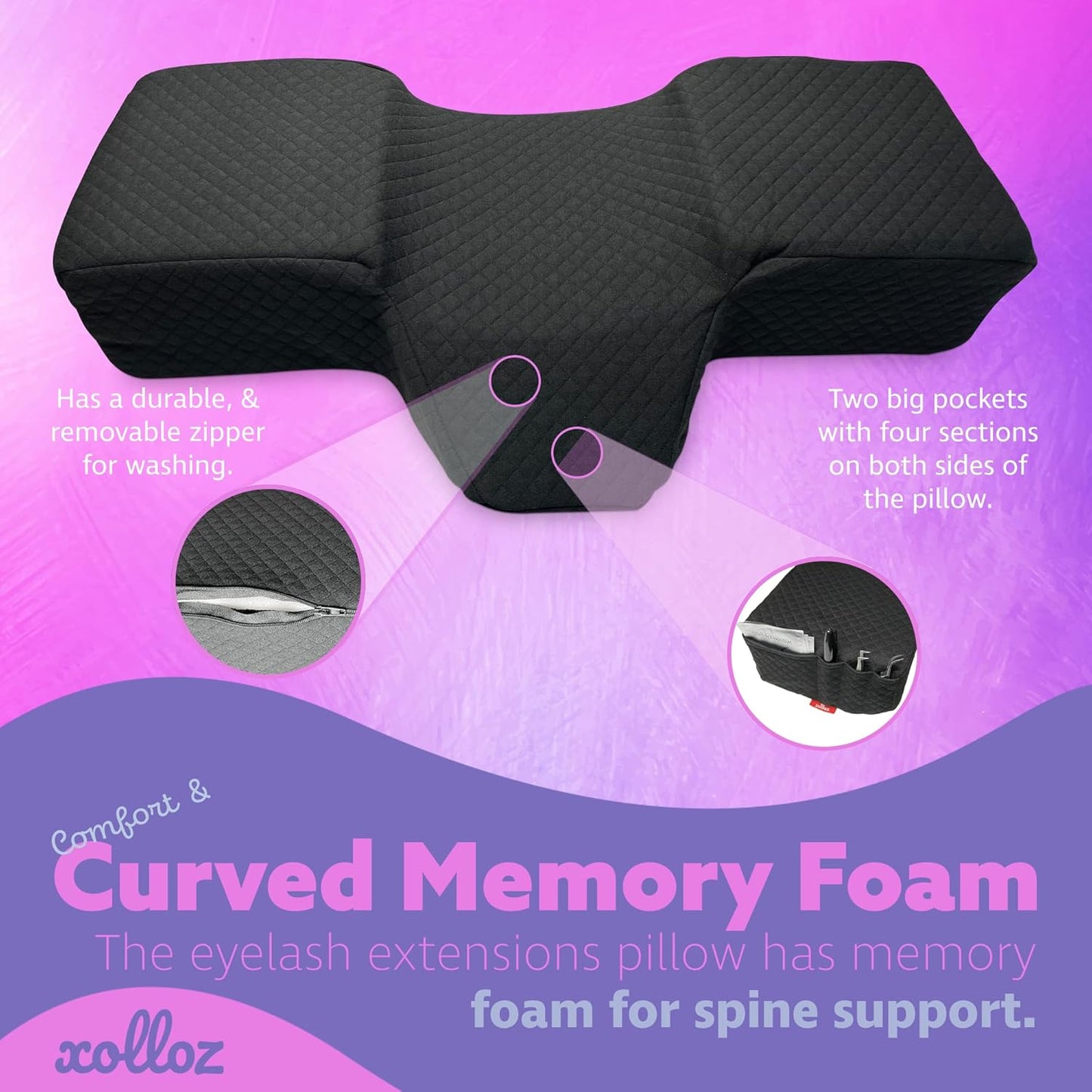Pillow For Eyelash Extensions (2 Pillows Bundle) - Curved Memory Foam Lash Bed Pillow With Neck & Back Support, Perfect Pillow For Eyelash Extensions, Two Pockets For Tools On The Sides (Black)