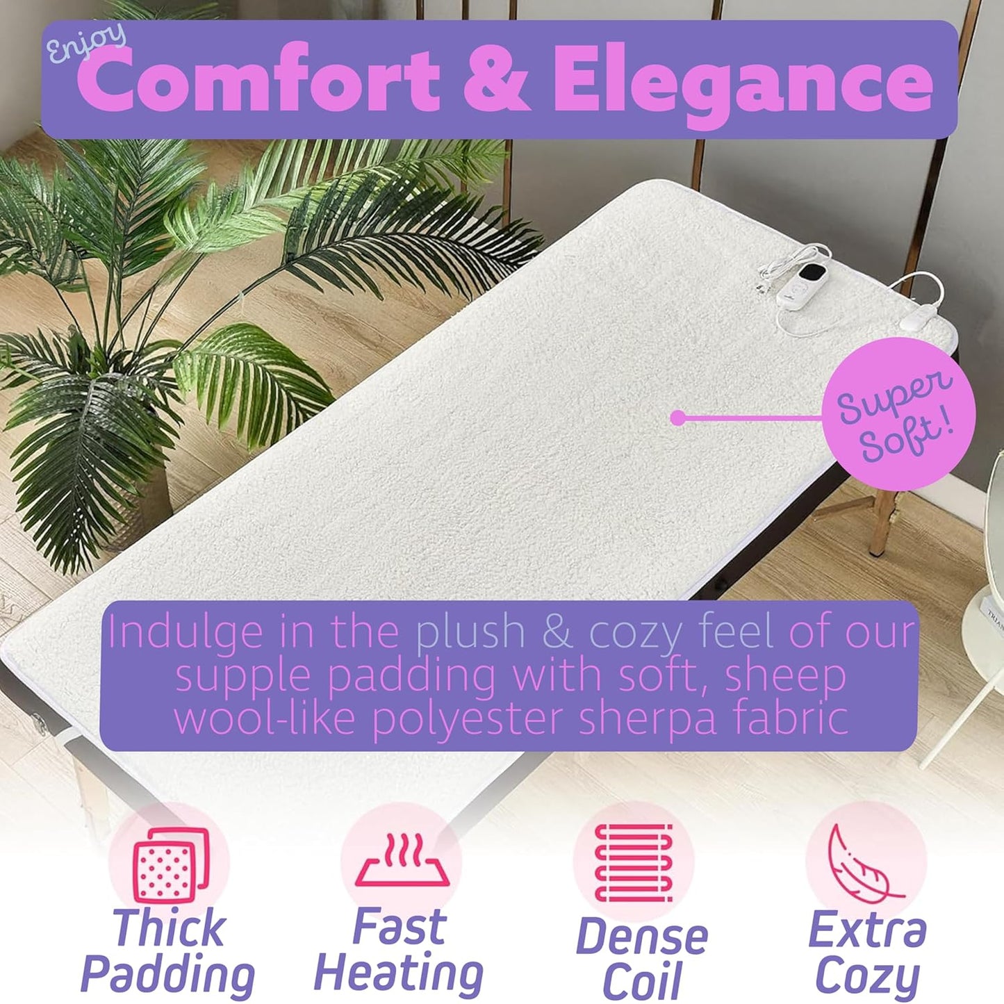 Massage Table Warmer Heating Pad – Heated Massage Table Pad with Adjustable Temperature (104°F-131°F), Auto Shut-Off Timer, Dense Coil Heating, Sherpa Fabric, 71"x31" (180x78 cm) Massage Heating Pad