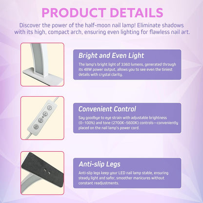 Half Moon Nail Desk Lamp for Professionals, 3360 Lumen LED for Nail, Perfect LED Manicure Desk Lamp, Tattoo Light, Lash Tech, White.