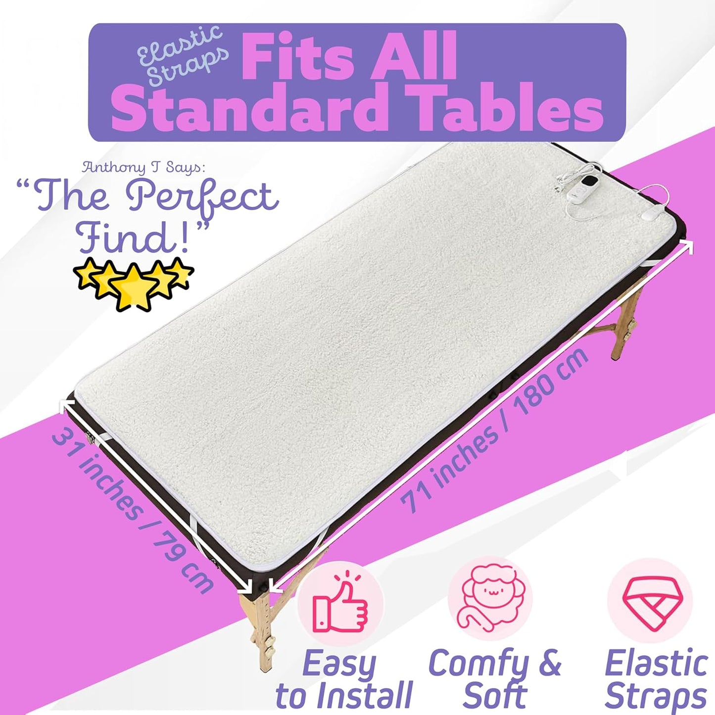 Massage Table Warmer Heating Pad – Heated Massage Table Pad with Adjustable Temperature (104°F-131°F), Auto Shut-Off Timer, Dense Coil Heating, Sherpa Fabric, 71"x31" (180x78 cm) Massage Heating Pad