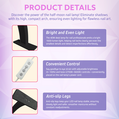 XOLLOZ Half Moon Nail Tech Lamp – 1600 Lumen LED Desk Light for Manicure, Lash Tech, Tattoo & Nail Stations (Black)