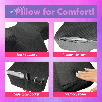 XOLLOZ Lash Pillow for Eyelash Extensions, Curved Memory Foam Lash Bed Pillow with Neck & Back Support, Lash Pillow for Eyelash Bed & Lash Tech Bed, Two Side Pockets for Tools, New Type Black
