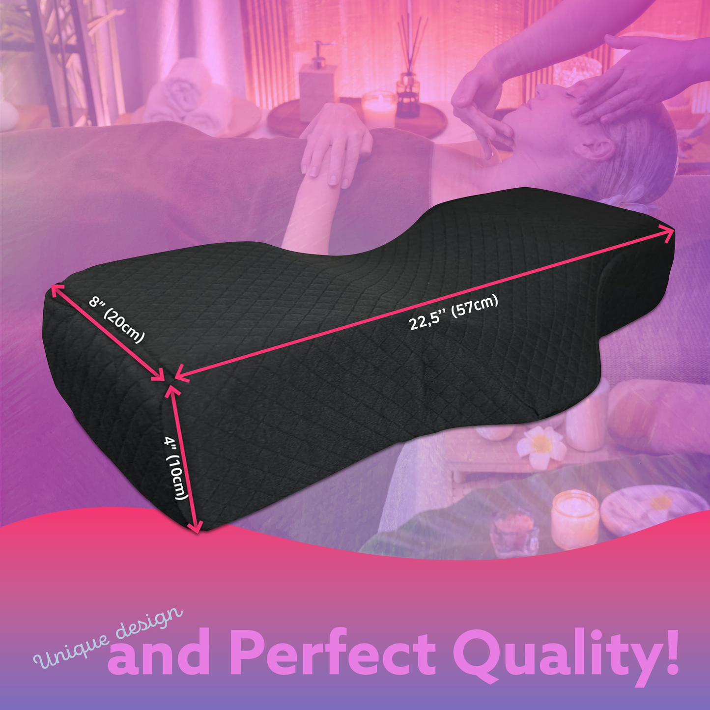 XOLLOZ Lash Pillow for Eyelash Extensions, Curved Memory Foam Lash Bed Pillow with Neck & Back Support, Lash Pillow for Eyelash Bed & Lash Tech Bed, Two Side Pockets for Tools, New Type Black