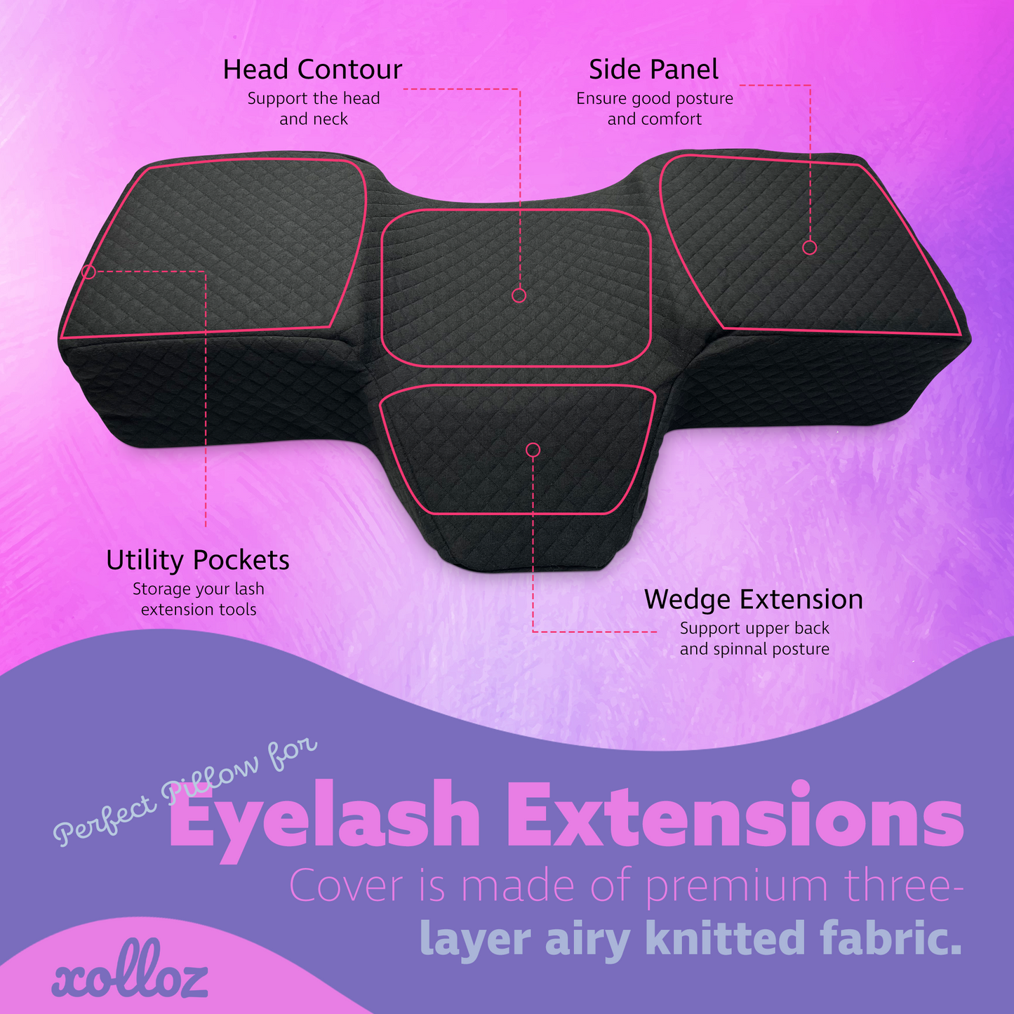XOLLOZ Lash Pillow for Eyelash Extensions, Curved Memory Foam Lash Bed Pillow with Neck & Back Support, Lash Pillow for Eyelash Bed & Lash Tech Bed, Two Side Pockets for Tools, New Type Black