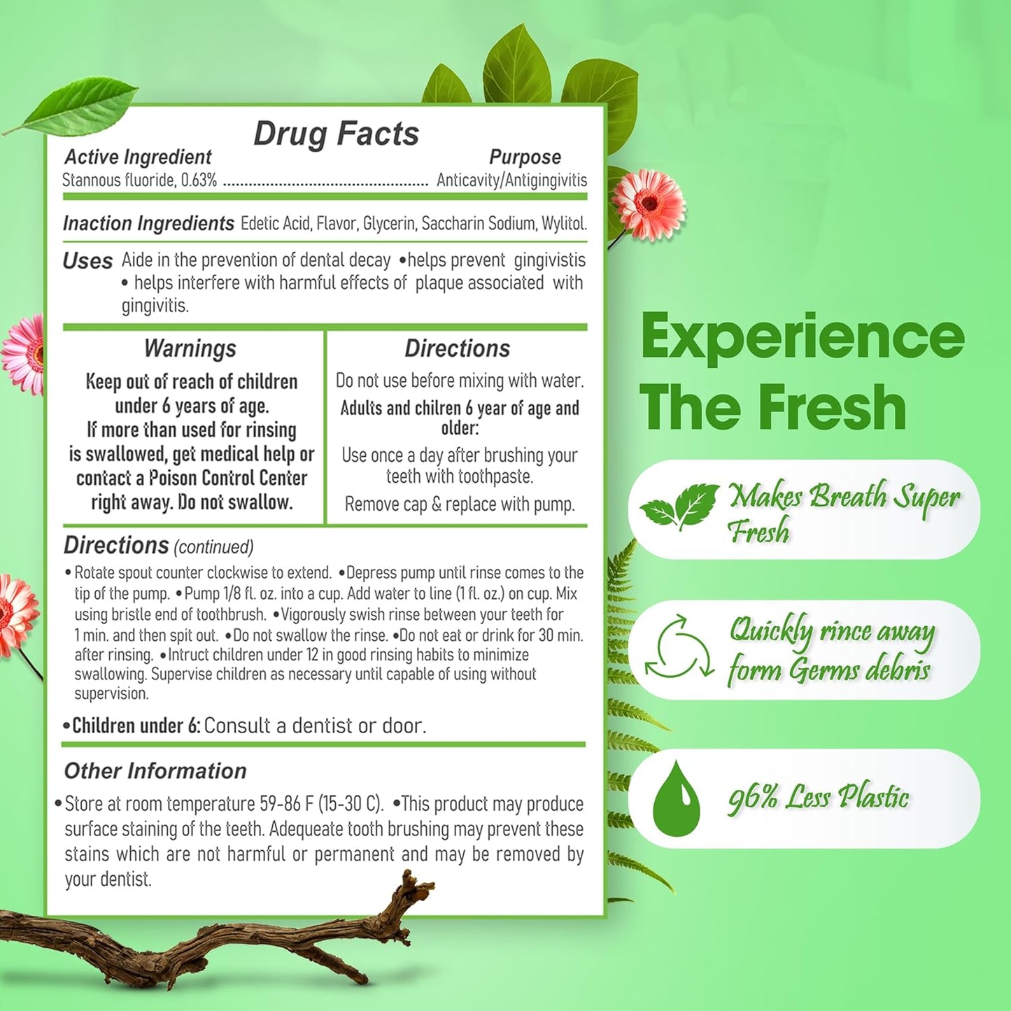 Stannous Fluoride Mouthwash - 10 Fl. Oz. 0.63% Antimicrobial Perio Rinse - Alcohol Free, Dye Free, Paraben Free - Refreshing