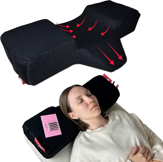 Lash Pillow for Eyelash Extensions - Curved Memory Foam Bed Pillow, Ergonomic Head Rest with Neck Support, Side Pockets for Tools, Fits Lash Beds for Tech, Black