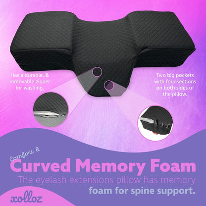 Pillow For Eyelash Extensions (2 Pillows Bundle) - Curved Memory Foam Lash Bed Pillow With Neck & Back Support, Perfect Pillow For Eyelash Extensions, Two Pockets For Tools On The Sides (Black)